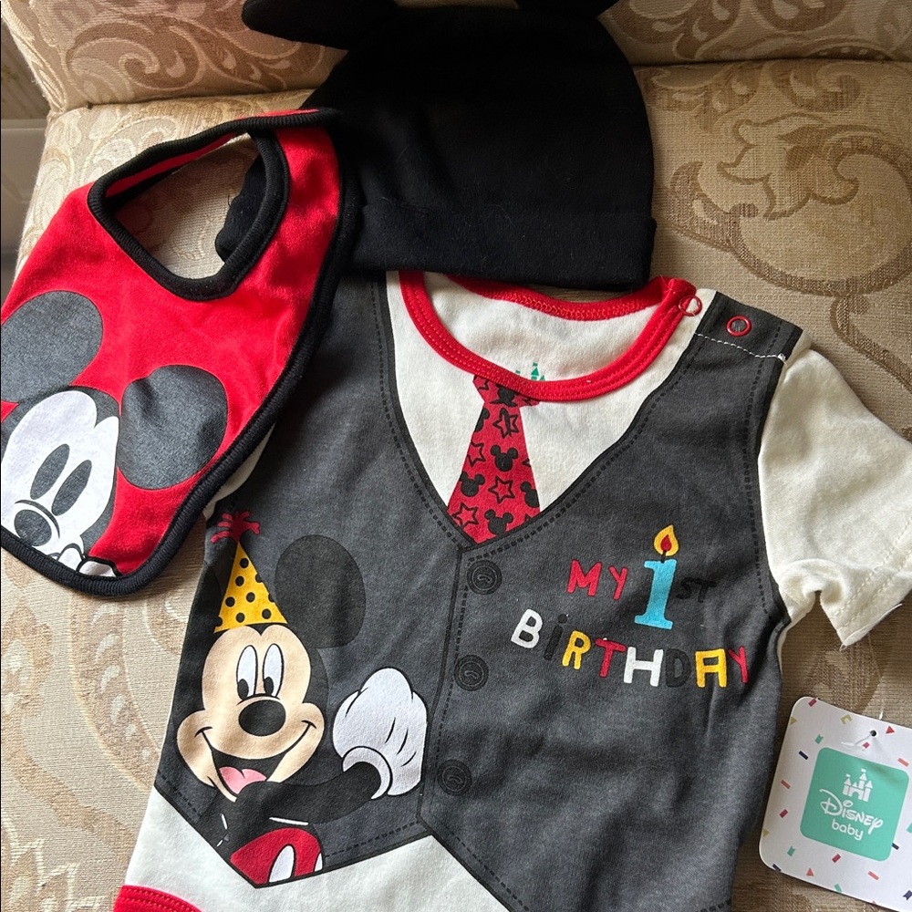 Disney Baby Mickey Mouse 1st Birthday Bib and Outfit Set - Black, Red, Gray